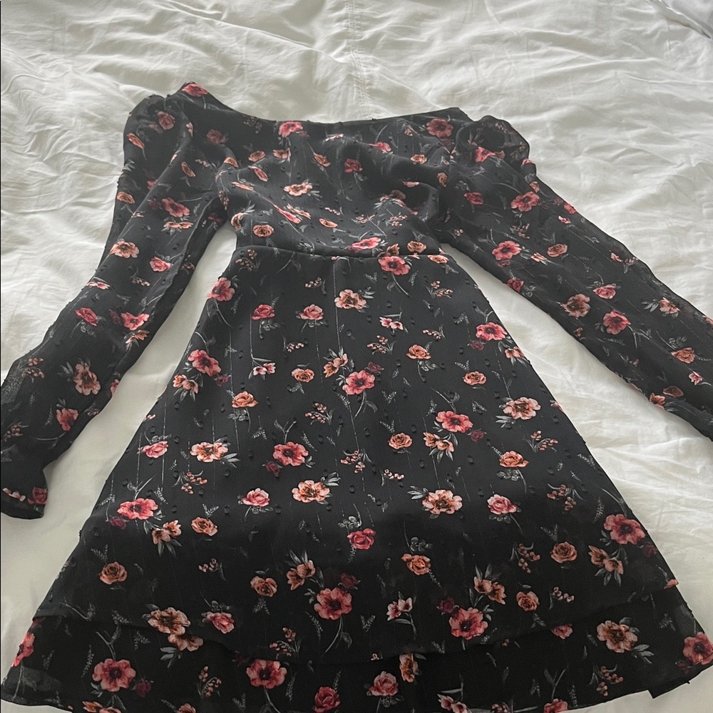 Floral Long-Sleeve Fit & Flare Dress - Black with Pink Floral